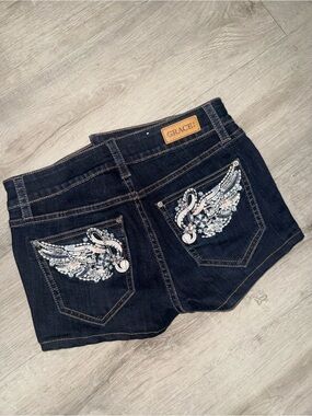 Grace in la micro Jean embellished shorts
